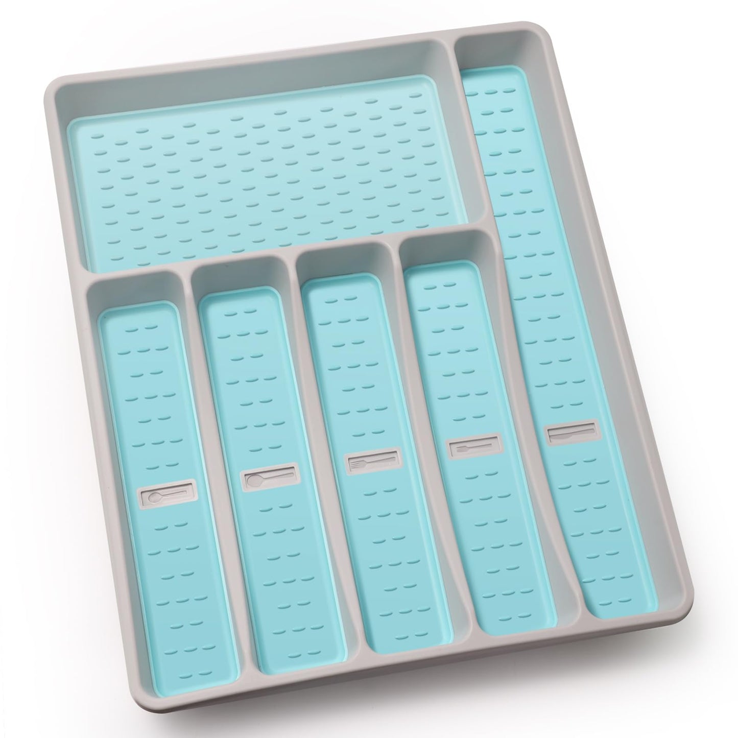 Joequality Silverware Organizer with Icons,Plastic Cutlery silverware Tray for Drawer,Utensil Tableware Flatware Organizer for Kitchen with Non-slip TPR,Fits Oversized Drawer,6-Compartment,Grey+Mint
