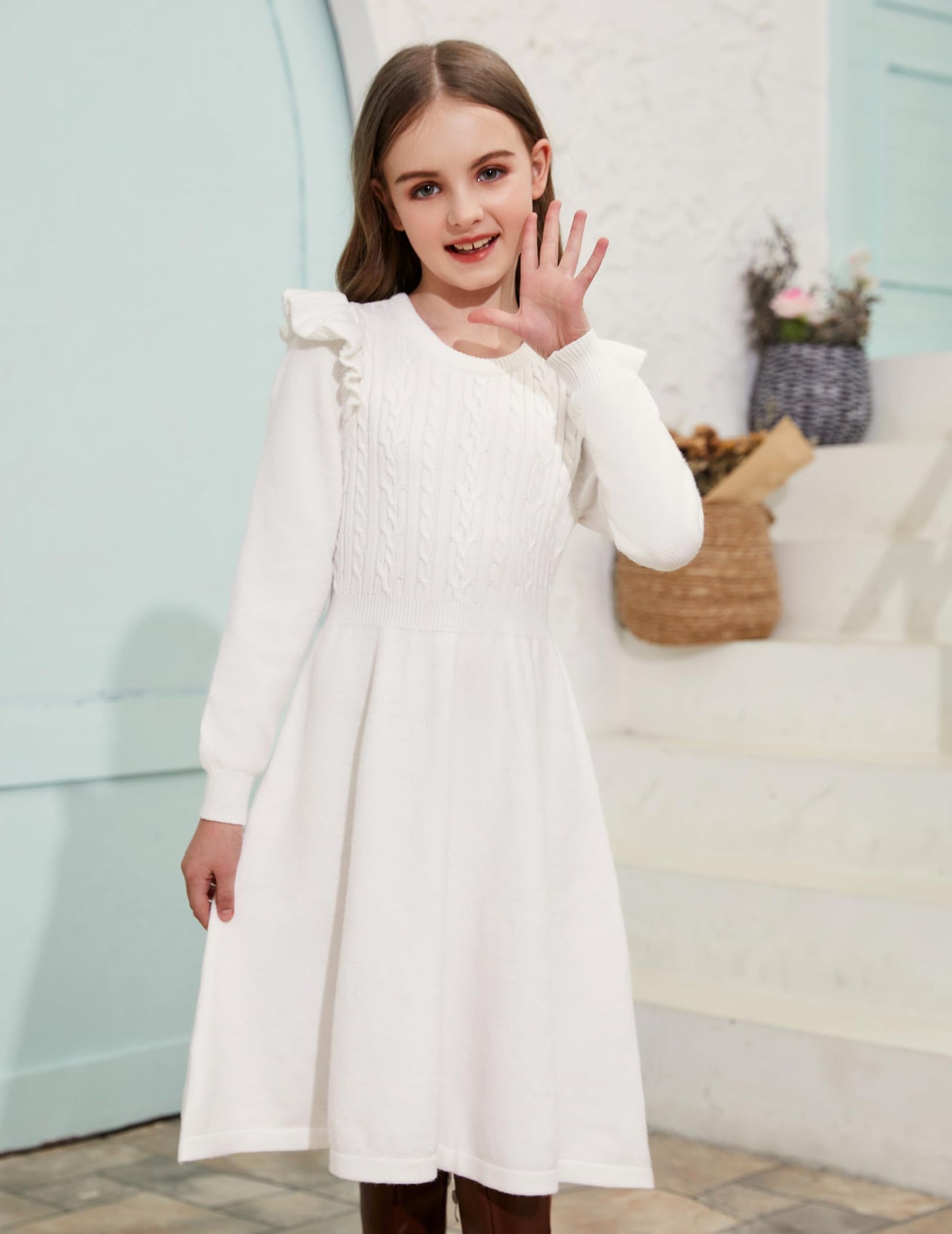 Arshiner Girls White Dress Sweater Winter Flutter Long Sleeve Pullover Formal Outfits Size 10-12