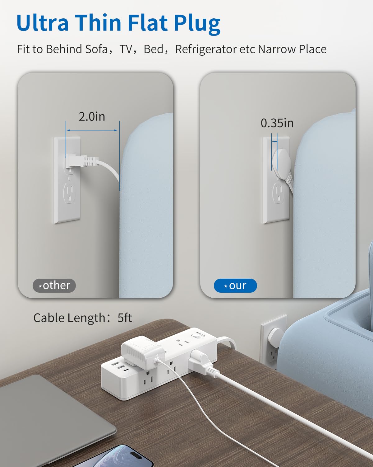 5 FT Extension Cord with 6 Outlets & USB