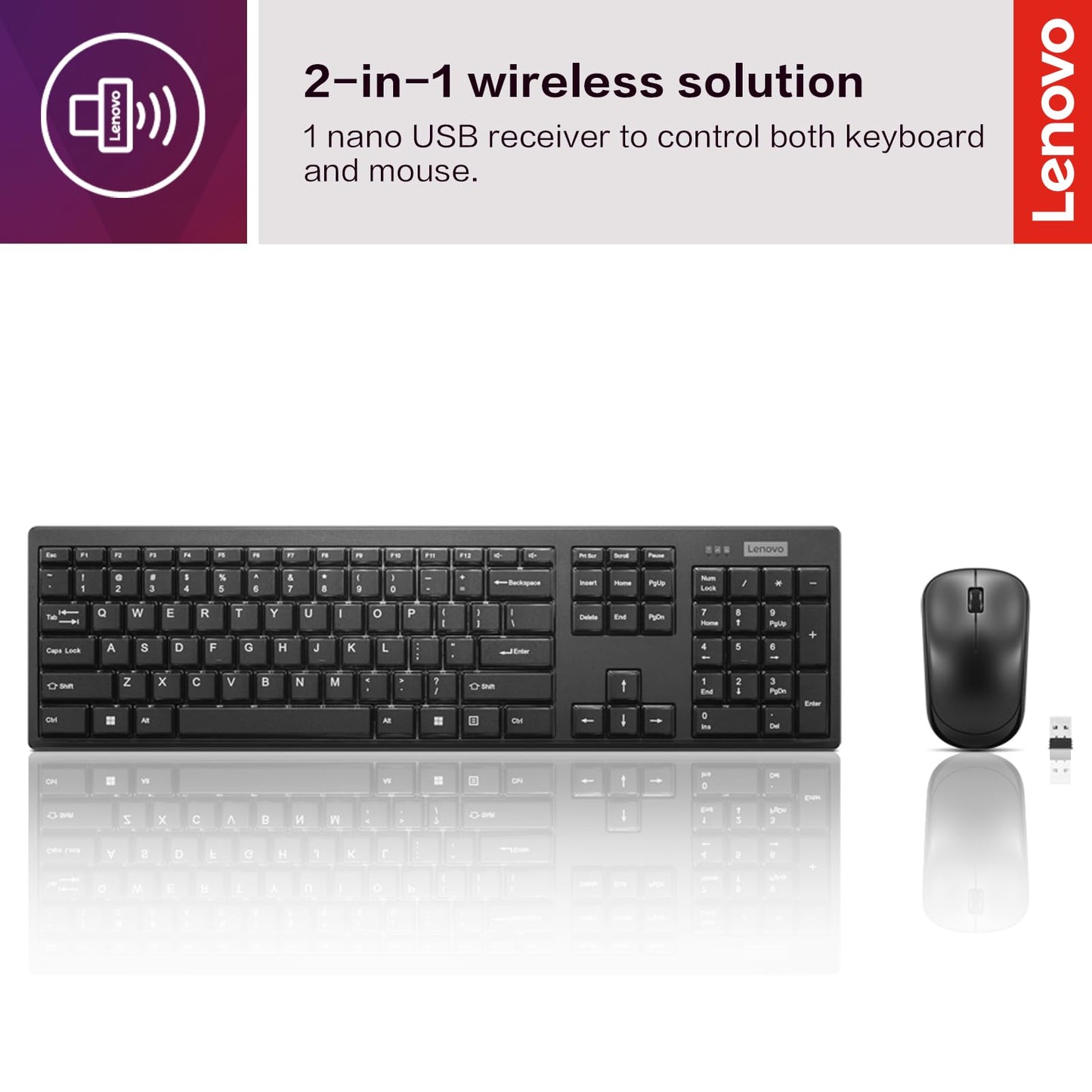 Lenovo 100 Wireless Keyboard and Mouse Combo – Cordless Set with Spill Resistant Quiet Keys – 3-Zone Keyboard - Ambidextrous Mouse – Compact Design – Wireless USB -Black
