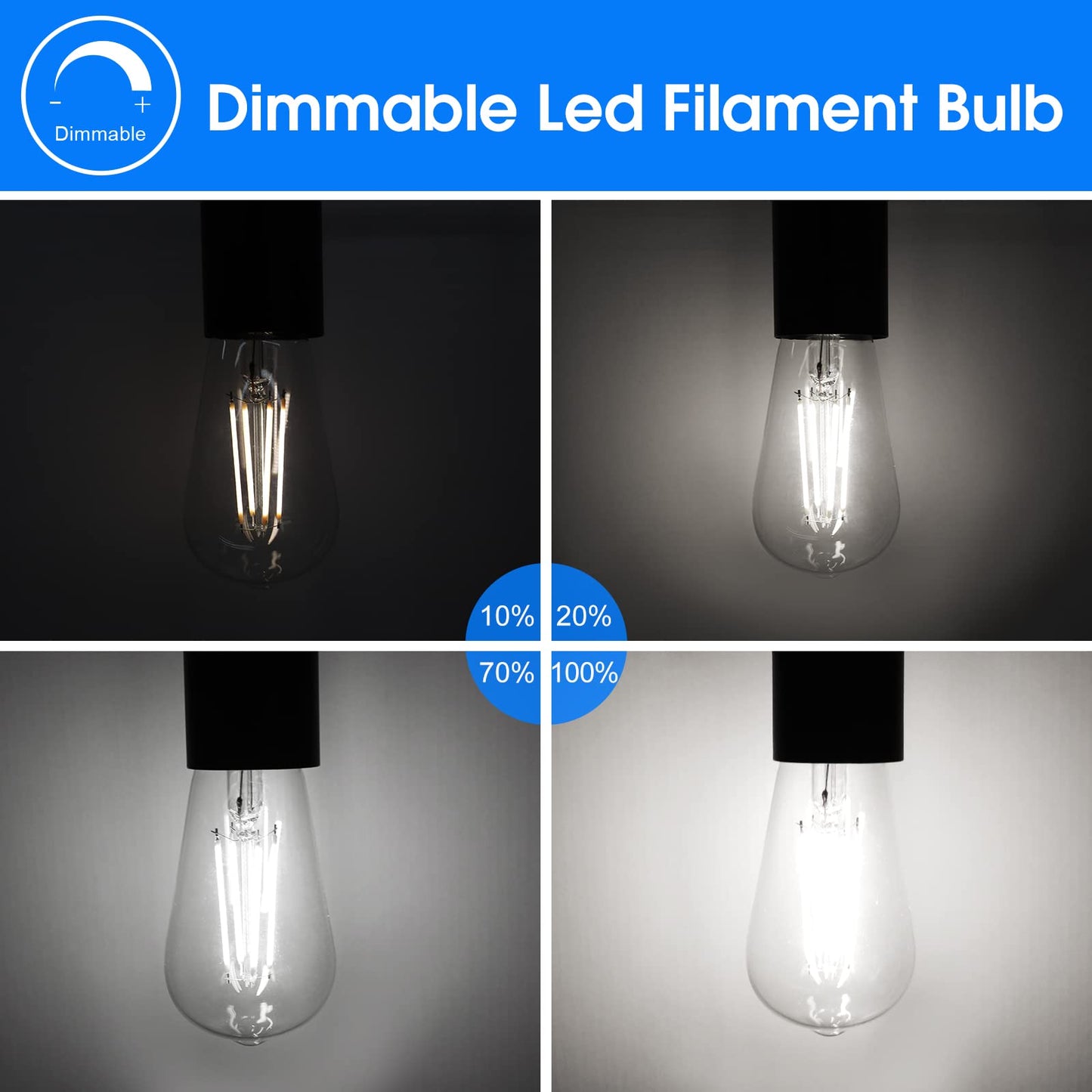 Energetic Dimmable LED Filament Light Bulbs, High Brightness, 8W, 60 Watt Equivalent, ST58 ST18, Daylight 5000K, Classic Clear Glass, 6 Pack