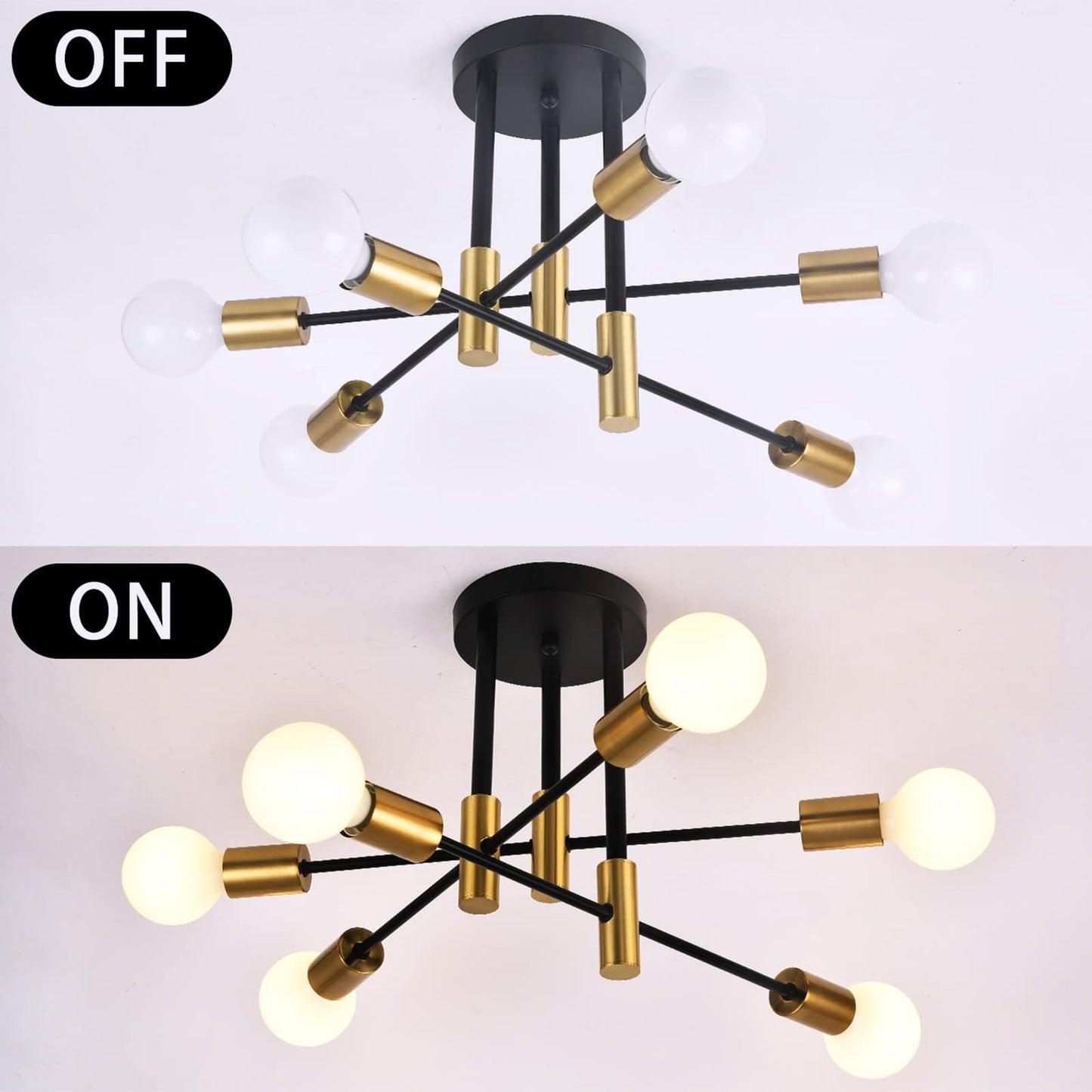 Sunwish Modern Sputnik Chandelier, 6-Light Mid Century Black Gold Chandeliers Ceiling Light Fixture, Sputnik Light Fixture for Dining Room Living Bedroom Kitchen, E26 Base(Bulbs Not Included)