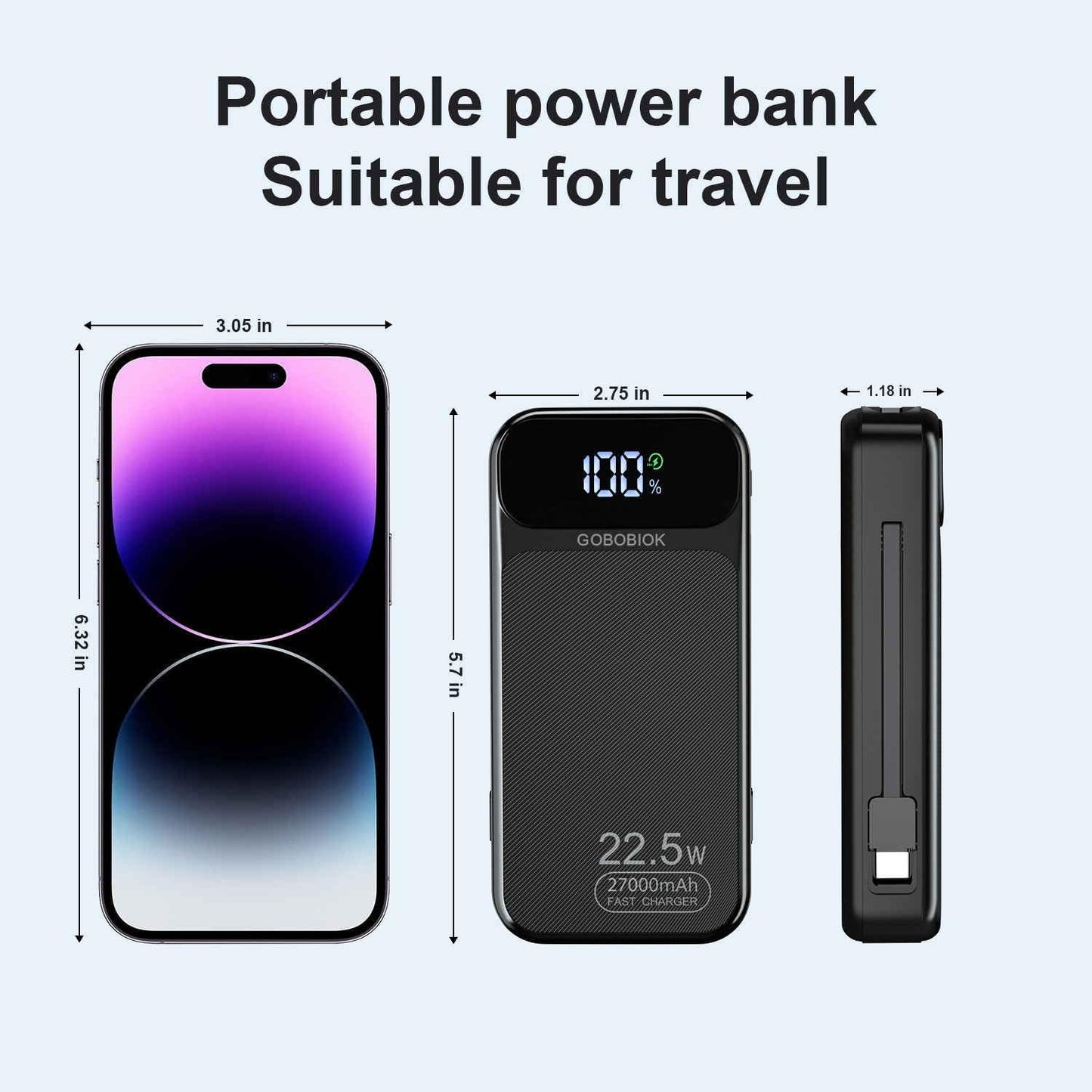 GOBOBIOK 27000mAh Portable Charger with Built-in Cables