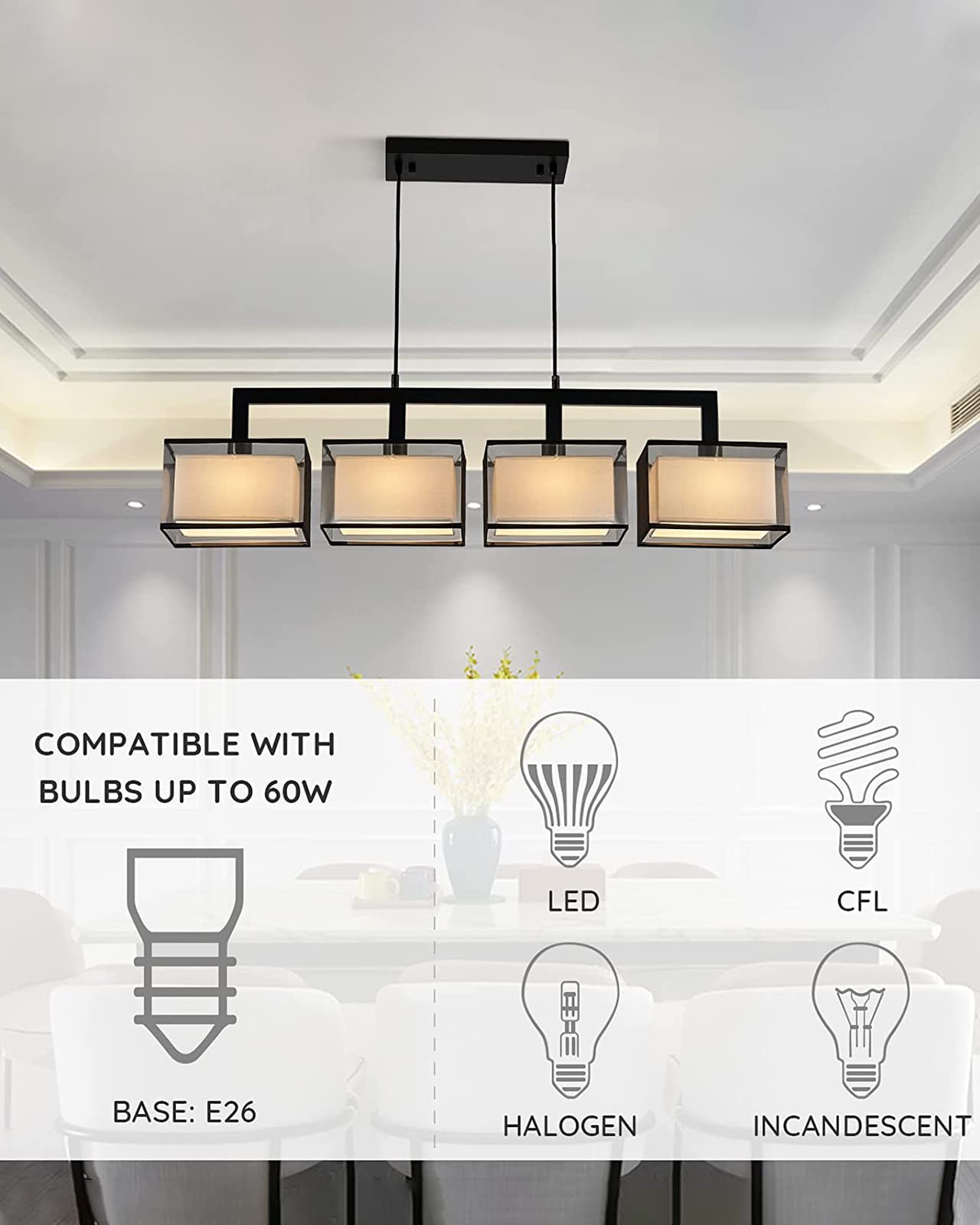 7PMBEANE Modern Rectangular Chandelier Hanging Light Fixture 4 Lights with Fabric Lampshade Adjustable for Dining Living Room Restaurant (Black)
