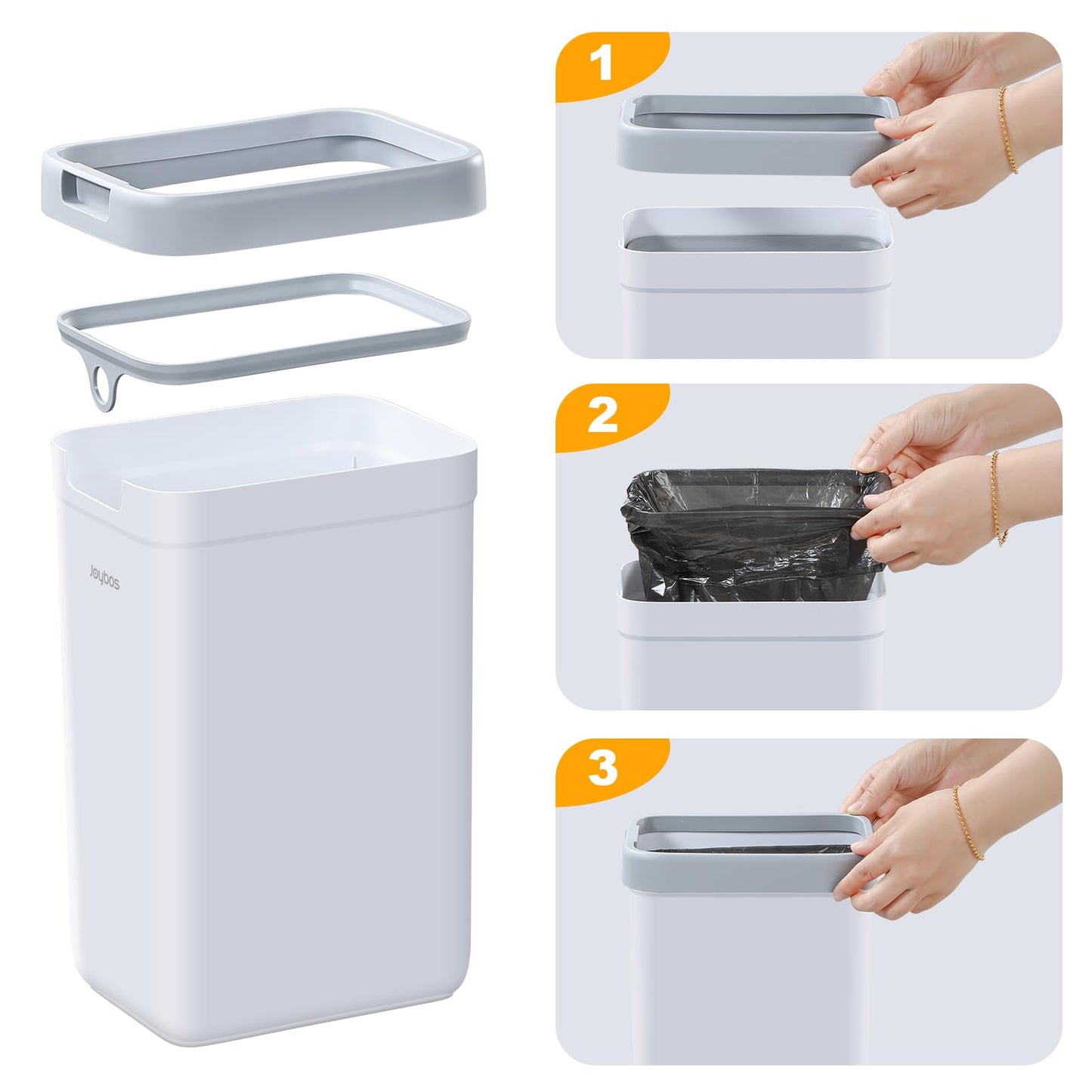 funest Bathroom Trash Can, 2 Pack Small Trash Can, S02 Plastic Waste Basket for Bedroom, Narrow Trash Bin for Home and Office, 3.6 Gal (Press top lid) + 2.4 Gal (Open lid)