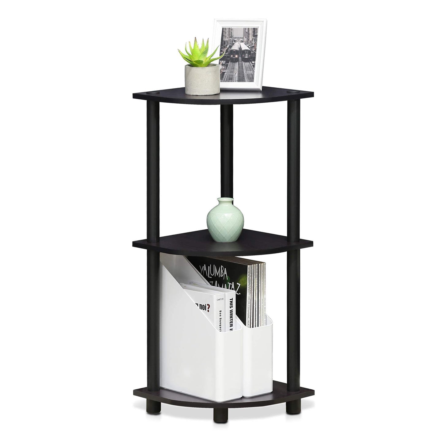 Furinno - 12077DWN Turn-N-Tube 3-Tier Corner Display Rack Multipurpose Shelving Unit, Dark Walnut