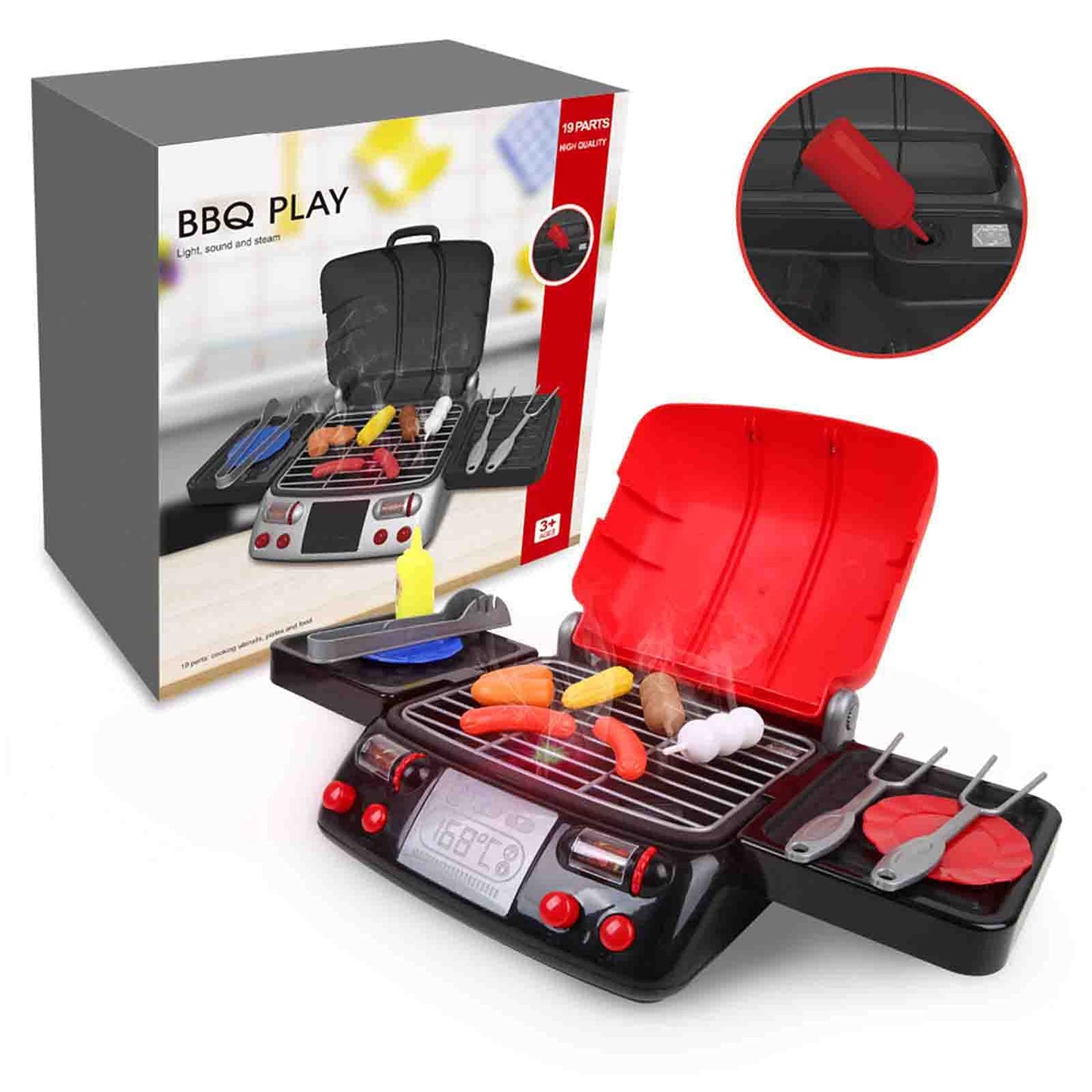 Kitchen Pretend Play Set for Kids, Cooking Spray Pressure Cooker and Pans Other Cookware, Fruit and Vegetable Cutting Toys, Birthday Gifts for Boys Girls 3,4,5,6 (BBQ Set)