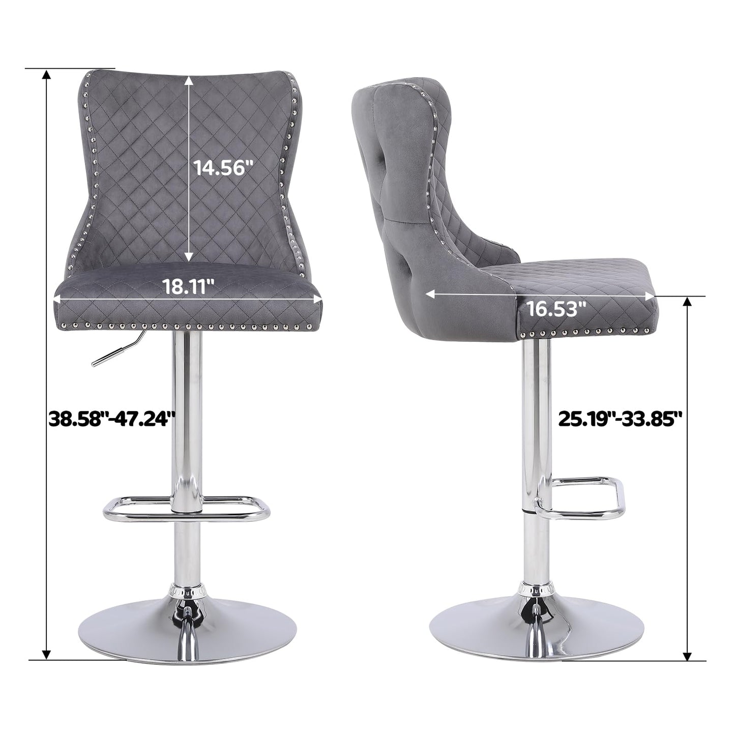 Chummaven Velvet Adjustable Bar Stools Set of 2, Counter Height Swivel Barstools with Chrome Base Footrest, Modern Upholstered Bar Chairs with Boutton Tufed High-Back for Kitchen,Dark Grey