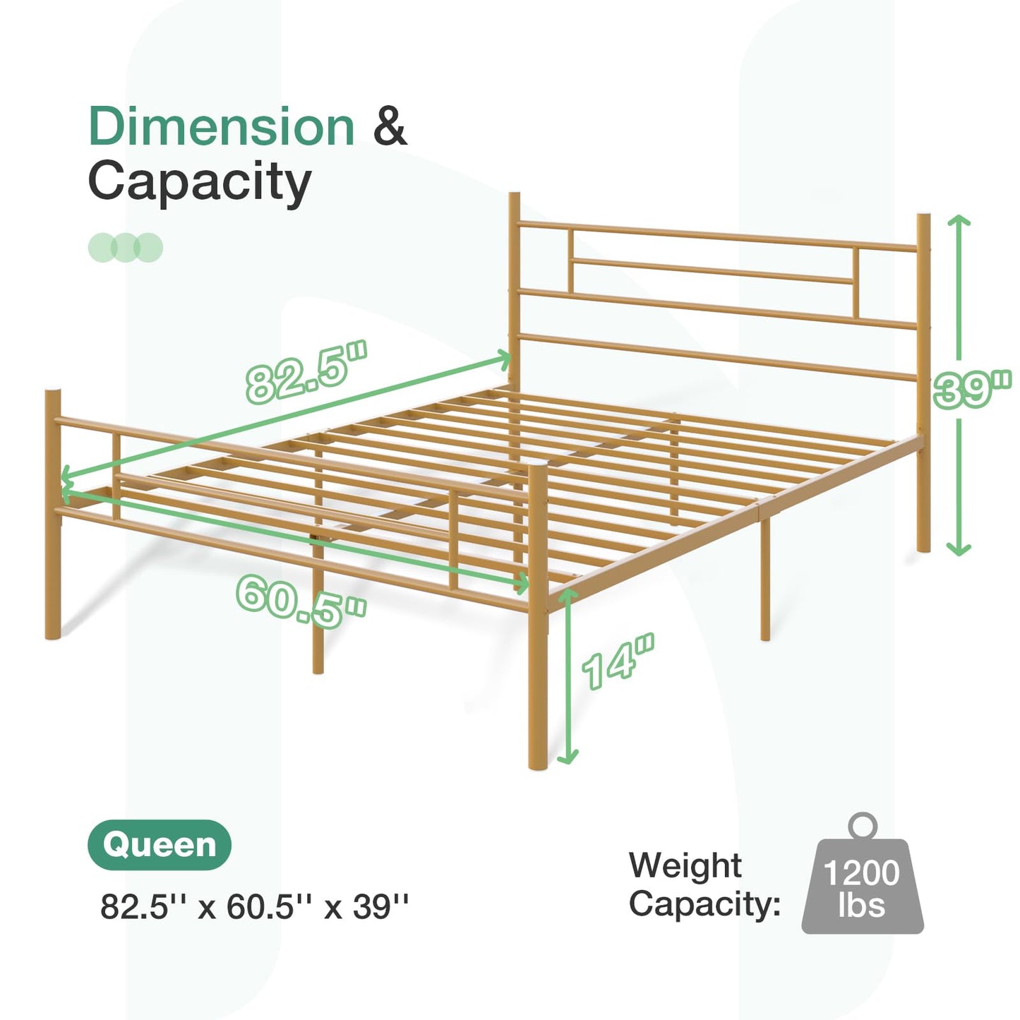 Novilla Queen Bed Frame with Headboard and Footboard, 14 Inch Metal Platform Bed Frame with Under Bed Storage, No Box Spring Needed, Strong Metal Slats Support, Gold