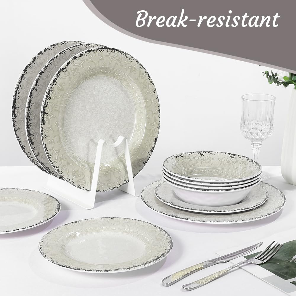 Melamine Dinnerware Sets,12Pcs Kitchen Plates And Bowls Sets, Dish Set For 4, Indoor And Outdoor Use,Dishwasher Safe, Break-Resistant, Classical Flower