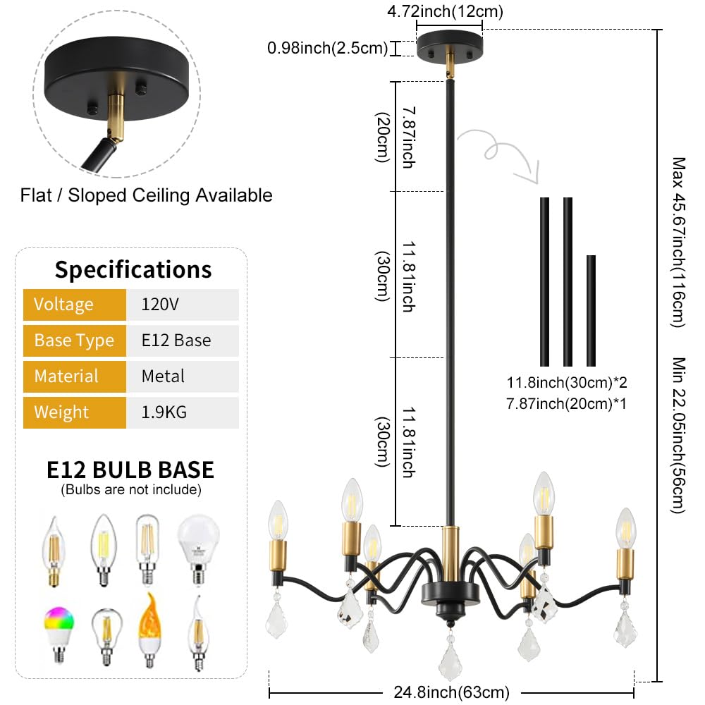 6-Light Black and Gold Chandelier with Crystal Decoration - Perfect for Farmhouse and Dining Room Lighting Fixtures