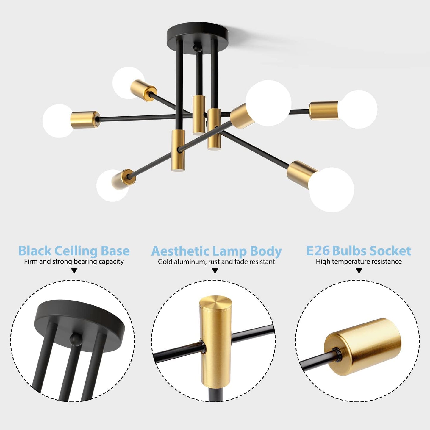 Sunwish Modern Sputnik Chandelier, 6-Light Mid Century Black Gold Chandeliers Ceiling Light Fixture, Sputnik Light Fixture for Dining Room Living Bedroom Kitchen, E26 Base(Bulbs Not Included)