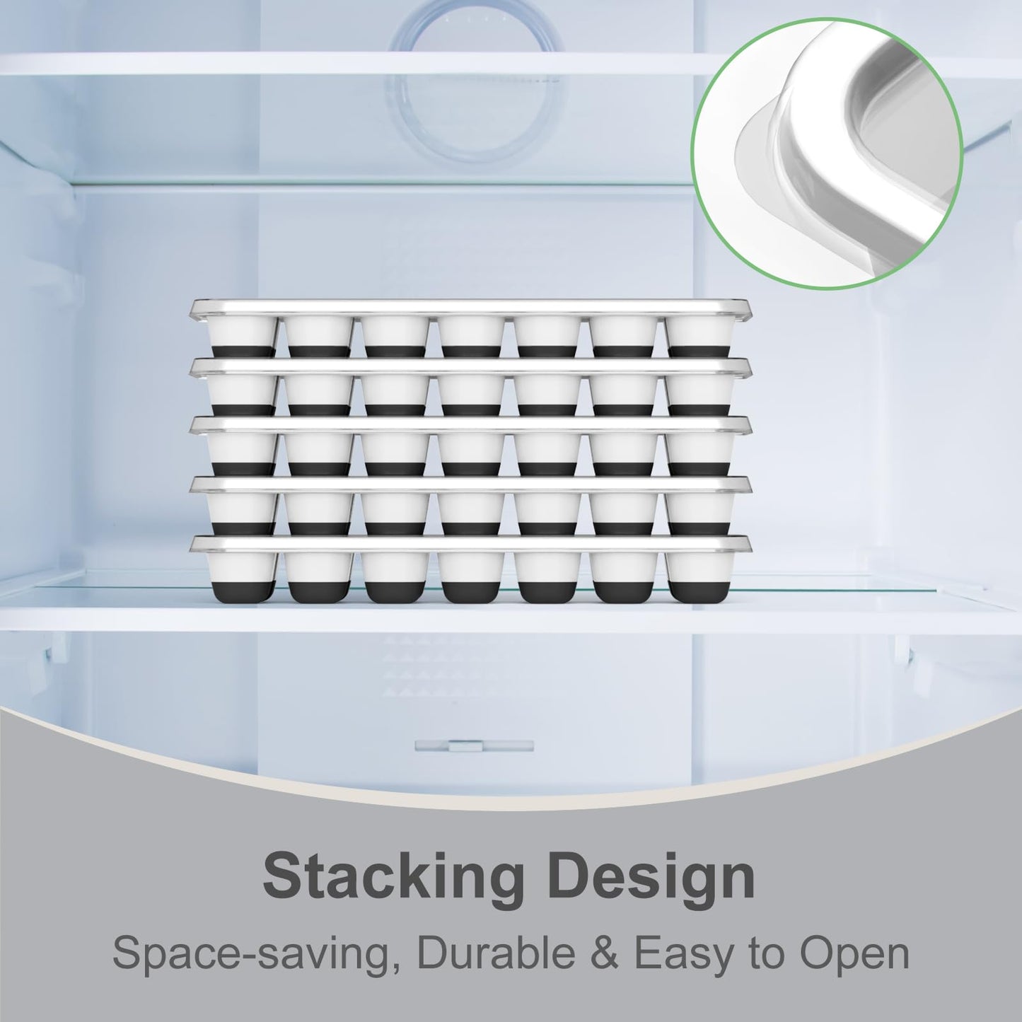 Ice Cube Tray, 5 Pack Stackable Silicone Rectangular 14-Ice Cube Tray Set with Lid, BPA-Free Sturdy Reusable Freezer Ice Trays for Drinks, Cocktails & Coffee - Easy Release(Black)
