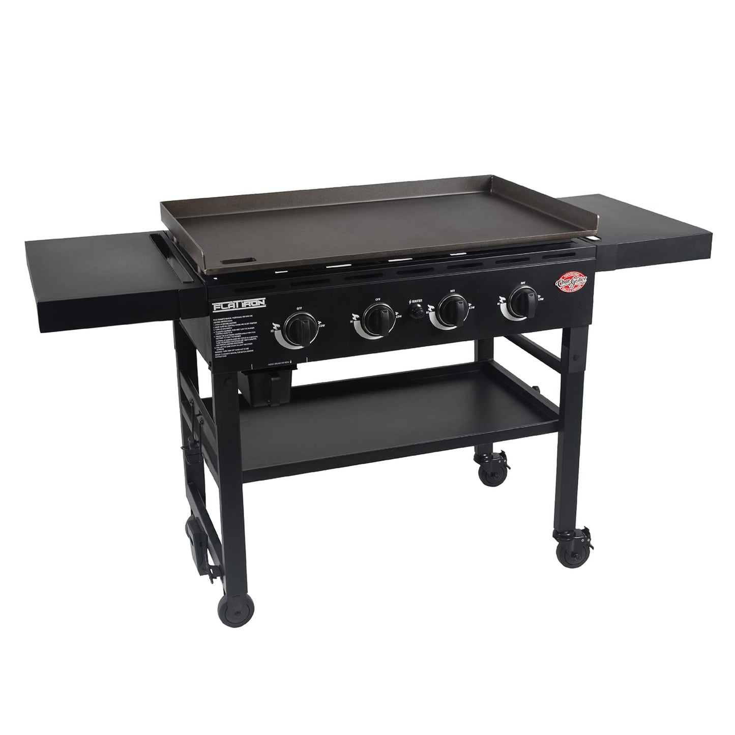 Char-Griller® Flat Iron 4-Burner Propane Gas Flat-Top Griddle with Steel Griddle Top, Wind Guards and Removable Lid, 775 Cooking Square Inches in Black, Model 8036