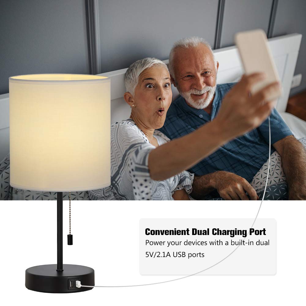 JS NOVA JUNS Table Lamps Set of 2, Bedside Lamps with Dual USB Quick Charging Ports, Desk Lamps with Metal Base White Fabric Lamp Shade for Bedroom Living Room Study Room Office Dressing Room