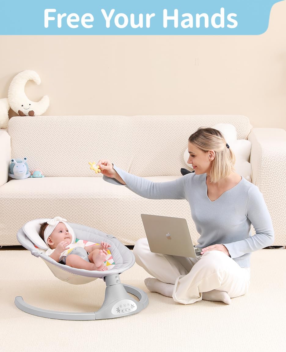 LAREX Baby Swing for Infants, Electric Baby Swings for Newborns Portable Babies Swing with 5 Speeds, Bluetooth Music, Remote Control, Grey