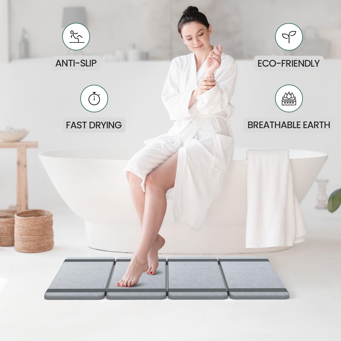 WALL QMER Foldable Stone Bath Mat, Fast Drying and Non-Slip Natural Diatomaceous Earth Mat, Multifunctional Eco-Friendly Stone Mat for Bathroom, Kitchen, 24.50" x 15.35", Light Gray