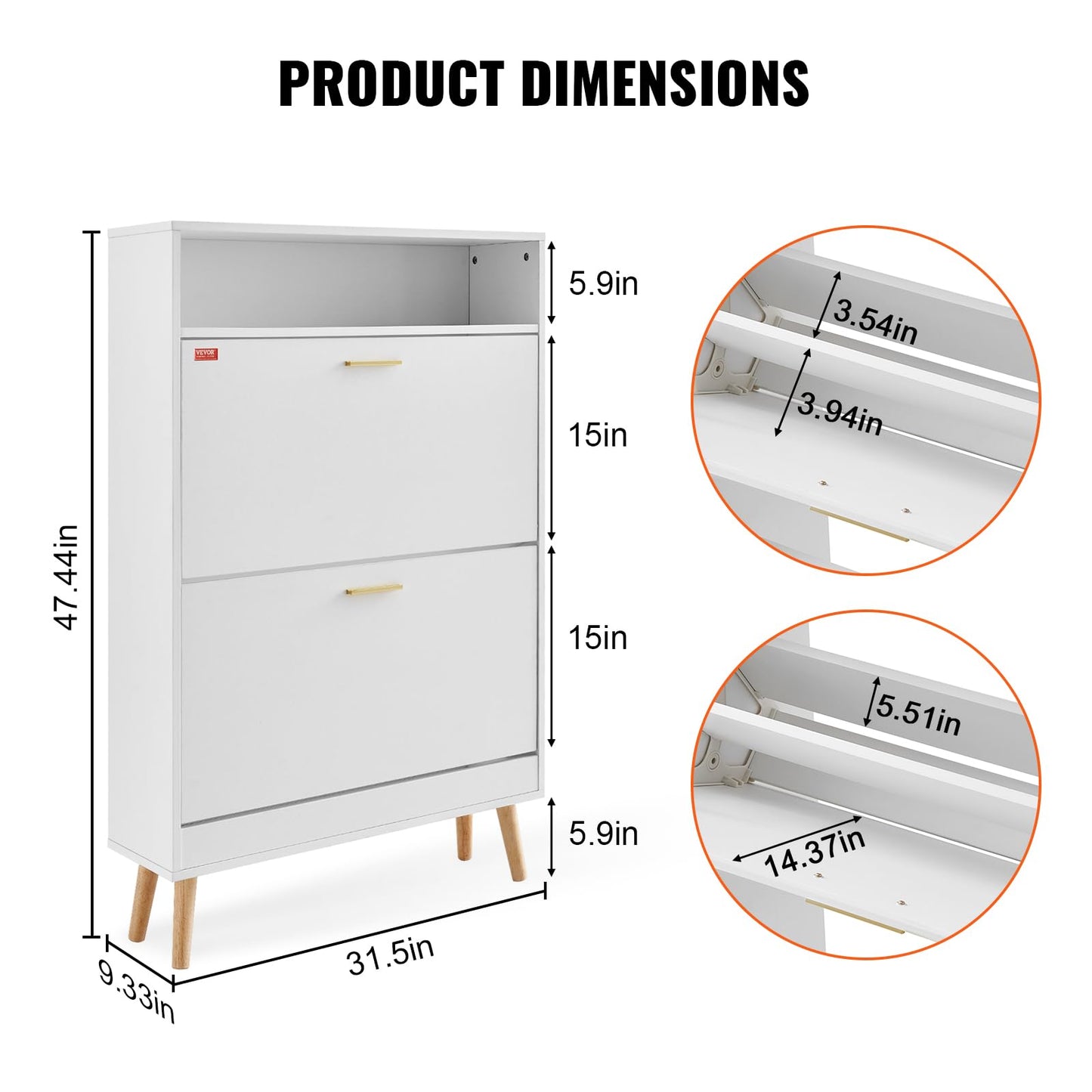 VEVOR Shoe Storage Cabinet for Entryway, 31.5" D x 9.4" W x 47.3" H, White