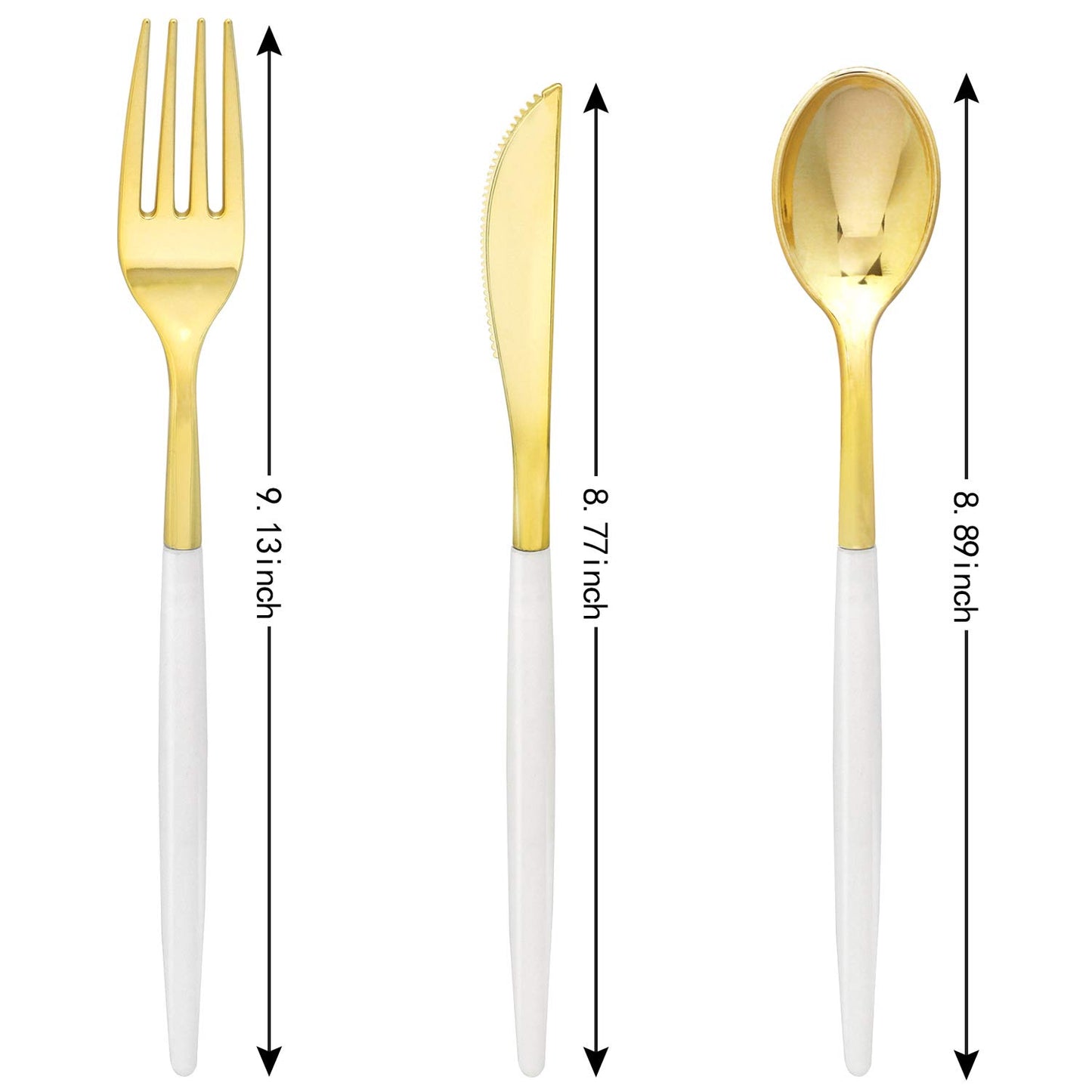 Supernal 102pcs Gold Plastic Cutlery, Durable Plastic silverware,Disposable Cutlerty with White Handle,Include 34 Forks,34 Knvies,34 Spoons, Suit for Wedding,Birthday,Party