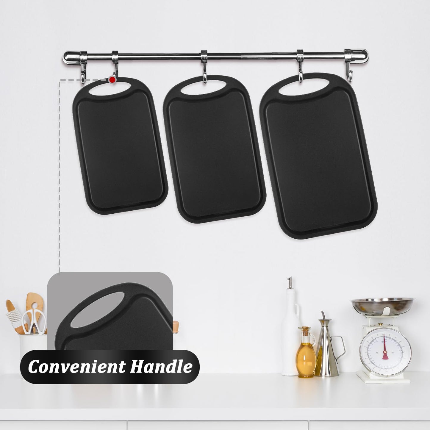 Bestdin Cutting Boards for Kitchen, Black Cutting Board Set for 3, BPA Free Chopping Board, Plastic Cutting Board with Easy Grip Handle, Non-porous Meat Cutting Board, Dishwasher Safe.