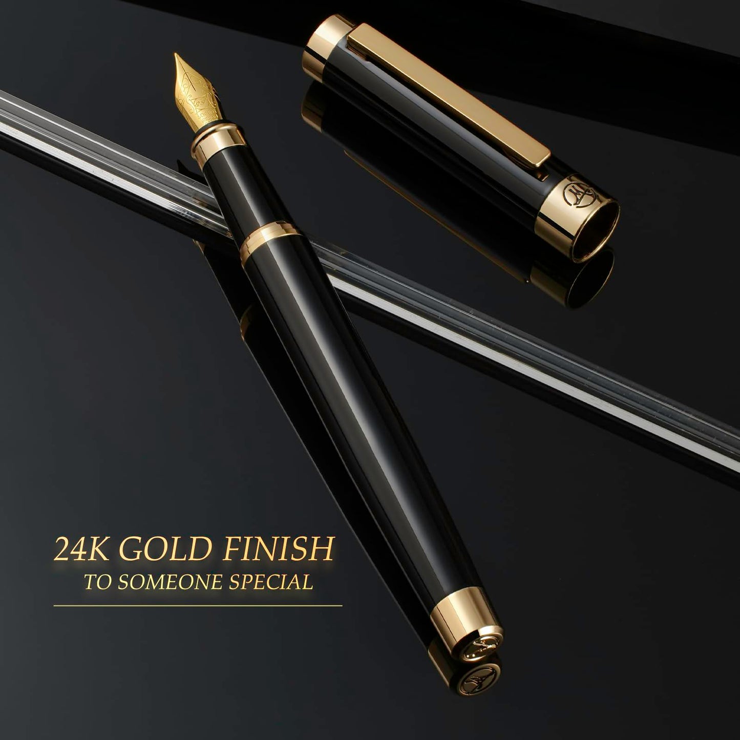 MCNTEIK Black Lacquer Fountain Pen with Gold Finish