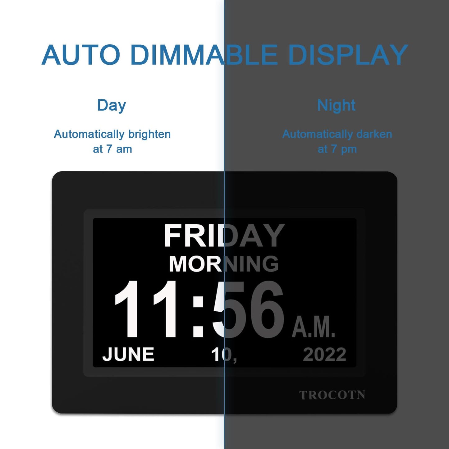 TROCOTN 7 Inches Calendar Clock Dementia Clock Large Display Alarm Clock with Auto DST for Seniors, 5 Display Modes Large Font Digital Clock with Custom Alarms Day Date Clock Wall Clock(Black)