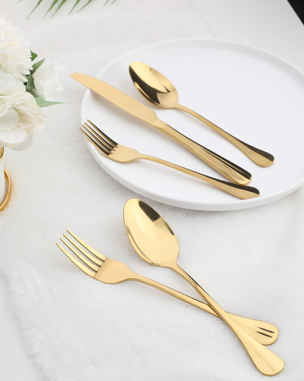 Gold Silverware Flatware Set, HF HOFTEN 45-Piece Stainless Steel Durable Cutlery Serving Set, Service for 8, Modern Elegant Design for Home/Hotel/Restaurant, Mirror Polished & Dishwasher Safe