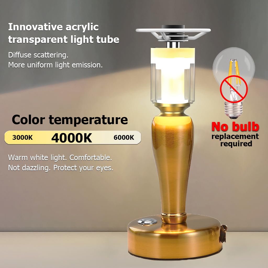 CHOPDARK 9.3inch Golden Cordless Table Lamp Night Light LED Desk Lamps Battery Powered Rechargeable Portable Bedside Lamp Restaurant Touch Sensor 3 Levels Brightness