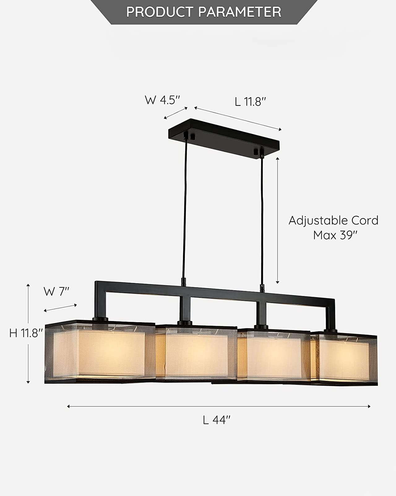 7PMBEANE Modern Rectangular Chandelier Hanging Light Fixture 4 Lights with Fabric Lampshade Adjustable for Dining Living Room Restaurant (Black)