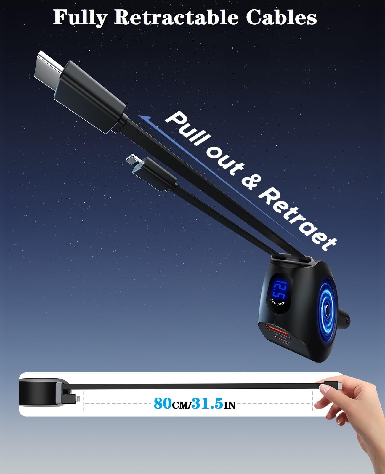 4-in-1 Fast Car Charger with Retractable Cables