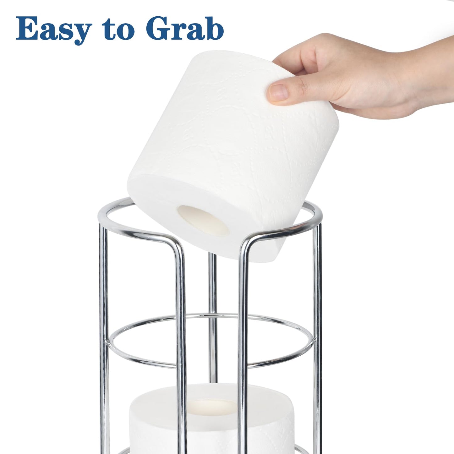 HappyHapi Toilet Paper Holder, Toilet Paper Organizer Stand, Free Standing 3 Rolls Tissue Storage, Toilet Paper Stand Metal Bathroom Accessory, Rustproof Toilet Roll Holder Silver