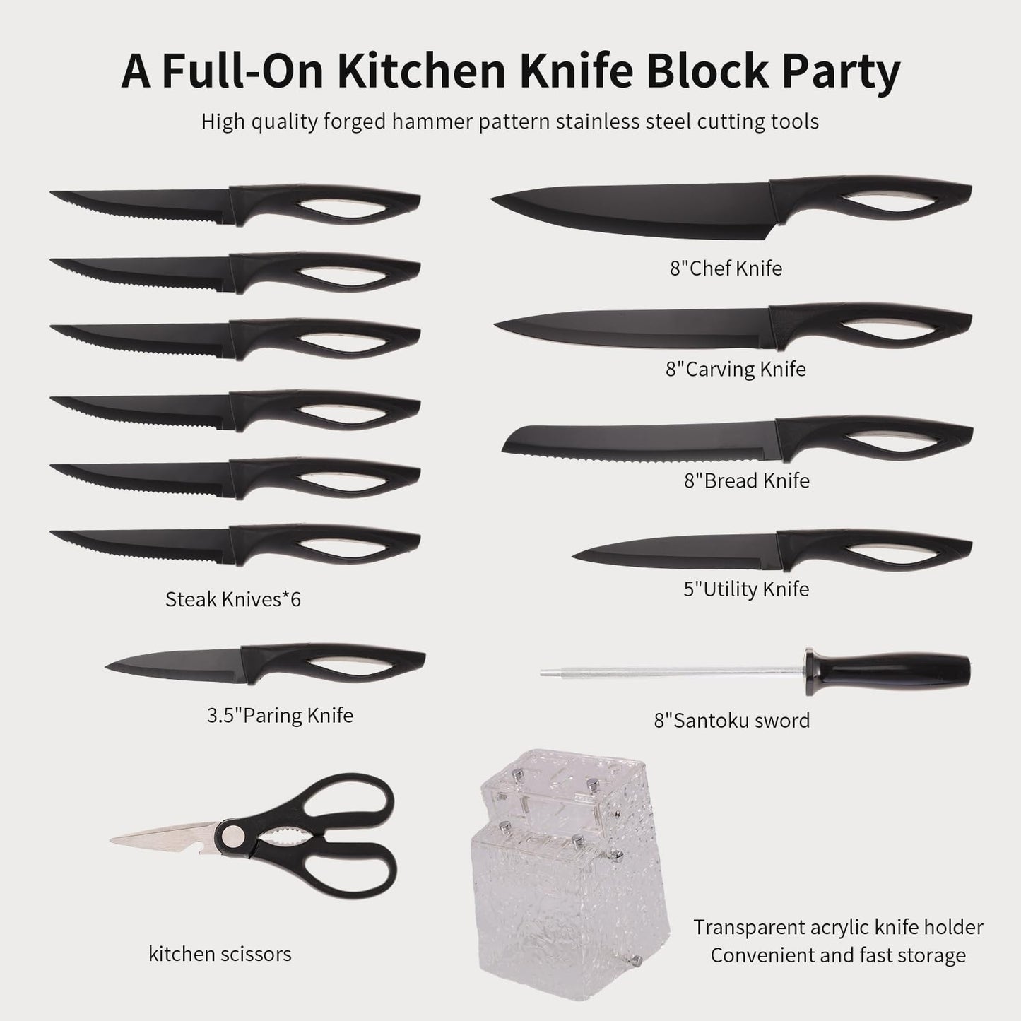 14-Piece Black Stainless Steel Knife Set
