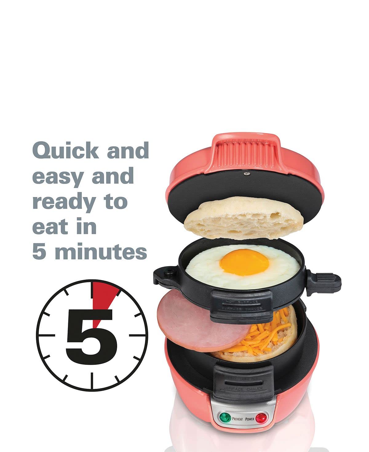 Hamilton Beach Breakfast Sandwich Maker with Egg Cooker Ring, Customize Ingredients, Perfect for English Muffins, Croissants, Mini Waffles, Perfect White Elephant Gifts, Coral (25483)