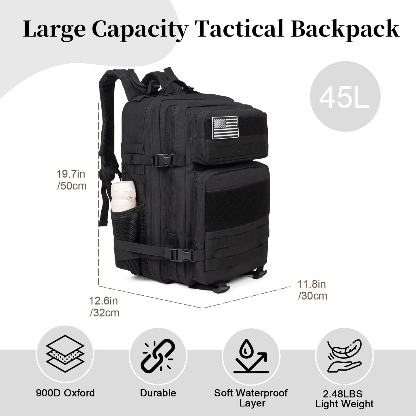 GreenLovesPet Tactical Backpack for Men and Women, 45L Large Capacity Military Backpack, Molle Backpack used for Outdoor Hiking, Fitness, Camping, Daily Work, Hunting