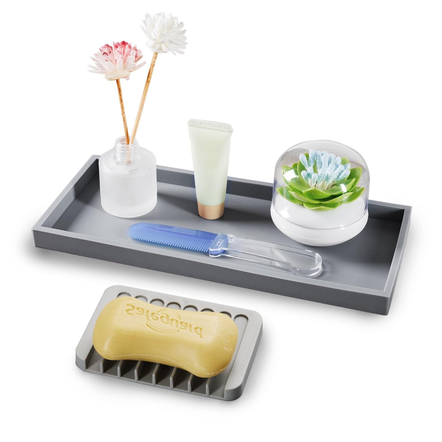 Bloss Silicone Tray Set for Bathroom/Kitchen - 11.8" Bathroom Soap Dispenser Tray and Soap Holder, Silicone Vanity Trays Countertop Organizer for Scrubber, Perfume, Jewelry, Candle Tray