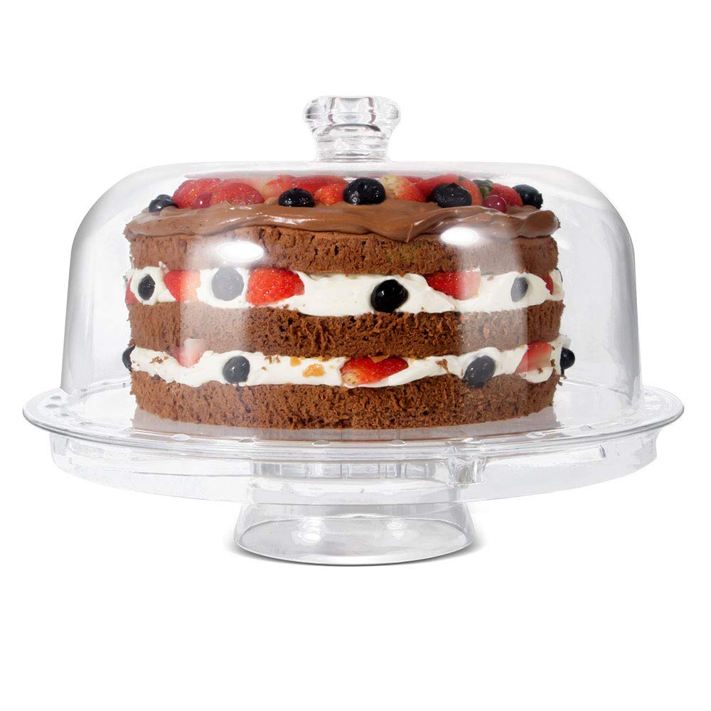 MASTERTOP Cake Stand with Dome Cover - 6 in 1 Multi-Functional Serving Platter/Cake Plate/Salad Bowl/Nachos/Punch Bowl, Wedding Cake Stands for Dessert Table,2 pcs Spoons, BPA Free (Acrylic)