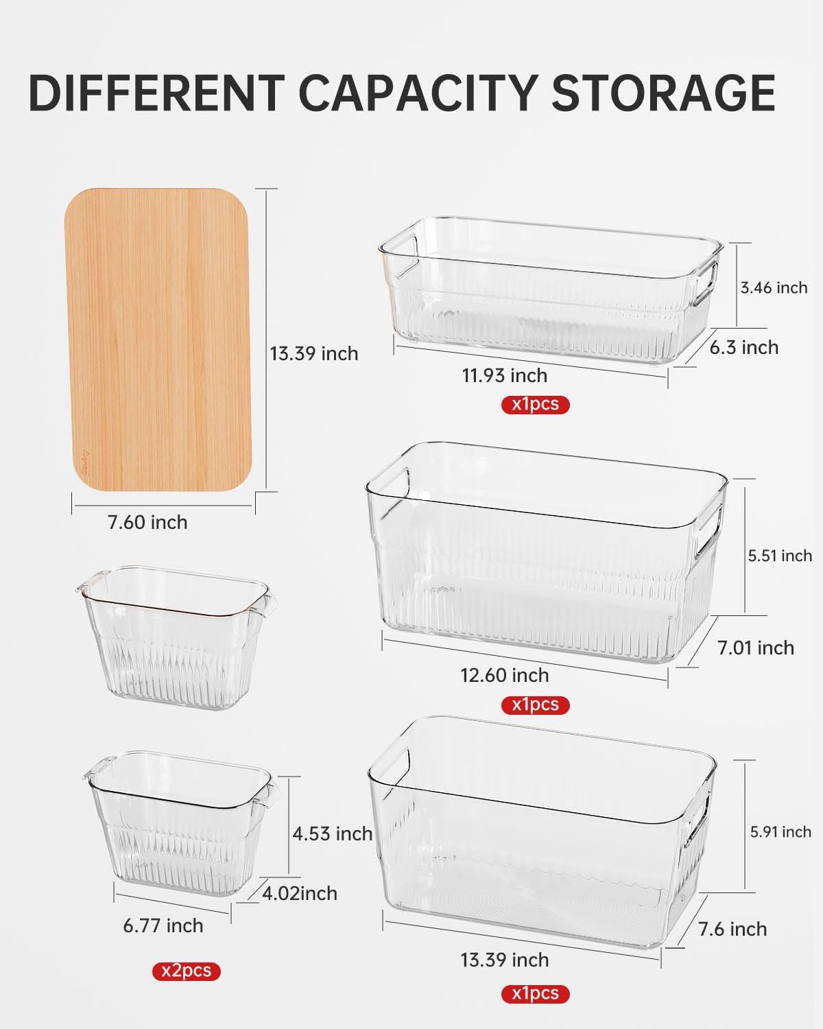 5 Pack PET Storage Bins with Bamboo Cutting Board
