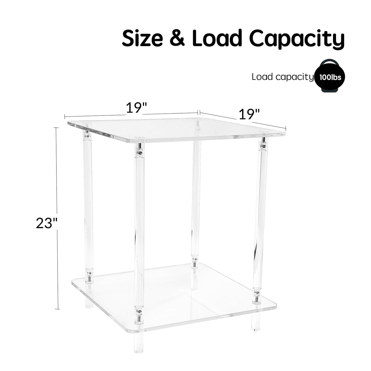 Homcred Square Side Table,Screwless Acrylic Side Table,19" L x 19" W x 23" H,Rapid 10-Second Setup,End Table,Nightstand,Coffee Table for Outdoor,Living Room,Bedroom,2-Tier, Clear