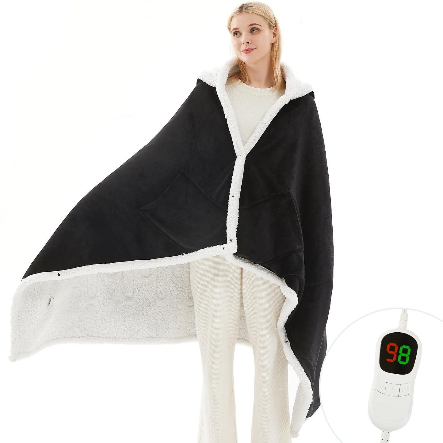 PLOATH Heated Electric Blanket Shawl: Heating Blanket Heated Throw Blanket Heated Poncho - Wearable Blanket Hoodie Wrap Sherpa with 10 Heating Levels & Multi Heating Time Settings (40x70'' Black)