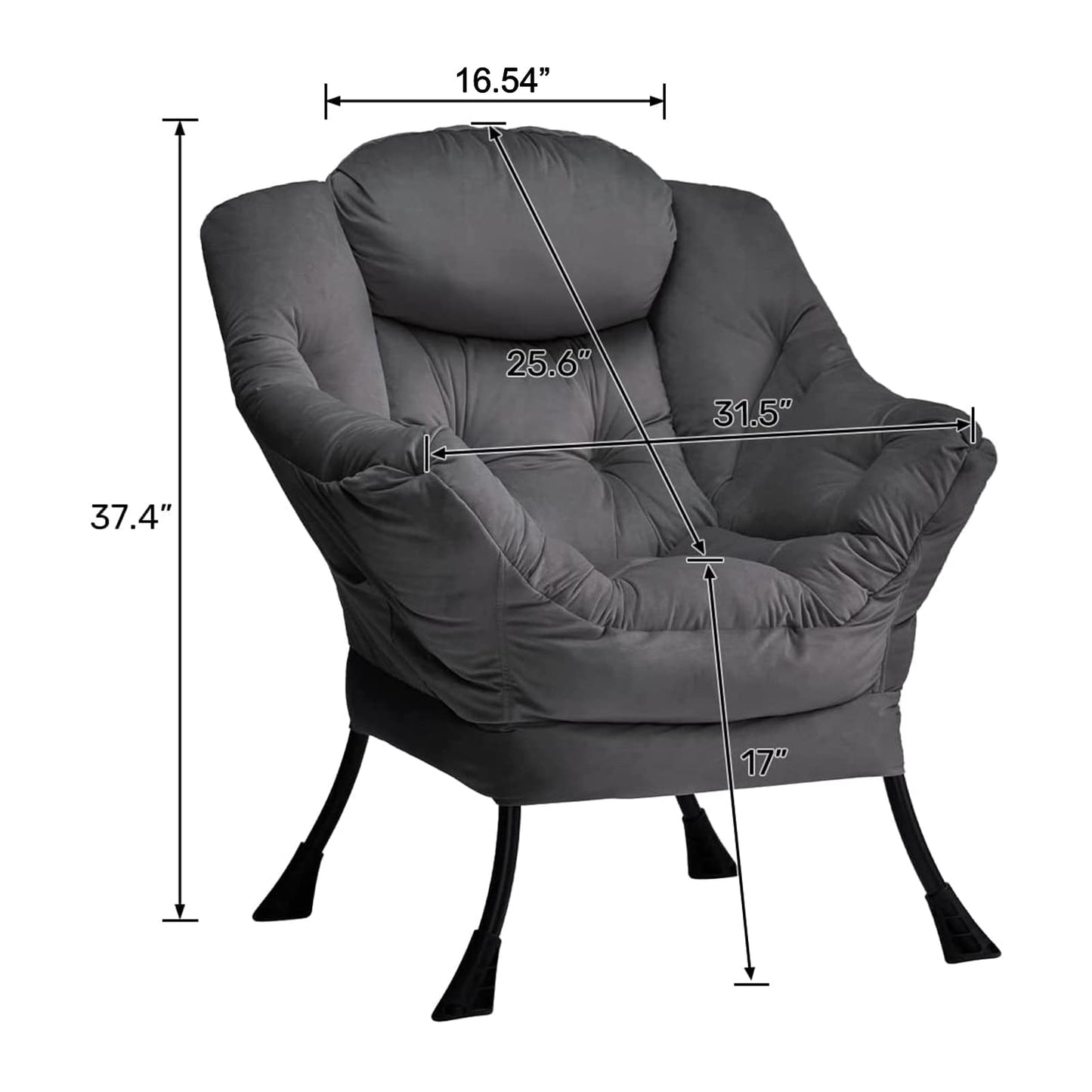 HollyHOME Modern Fabric Large Lazy Chair, Accent Oversized Comfy Reading Chair, Thick Padded Cozy Lounge Chair with Armrest, Steel Frame Leisure Sofa Chair for Living Room, Bedroom, Dorm, Smoky Grey
