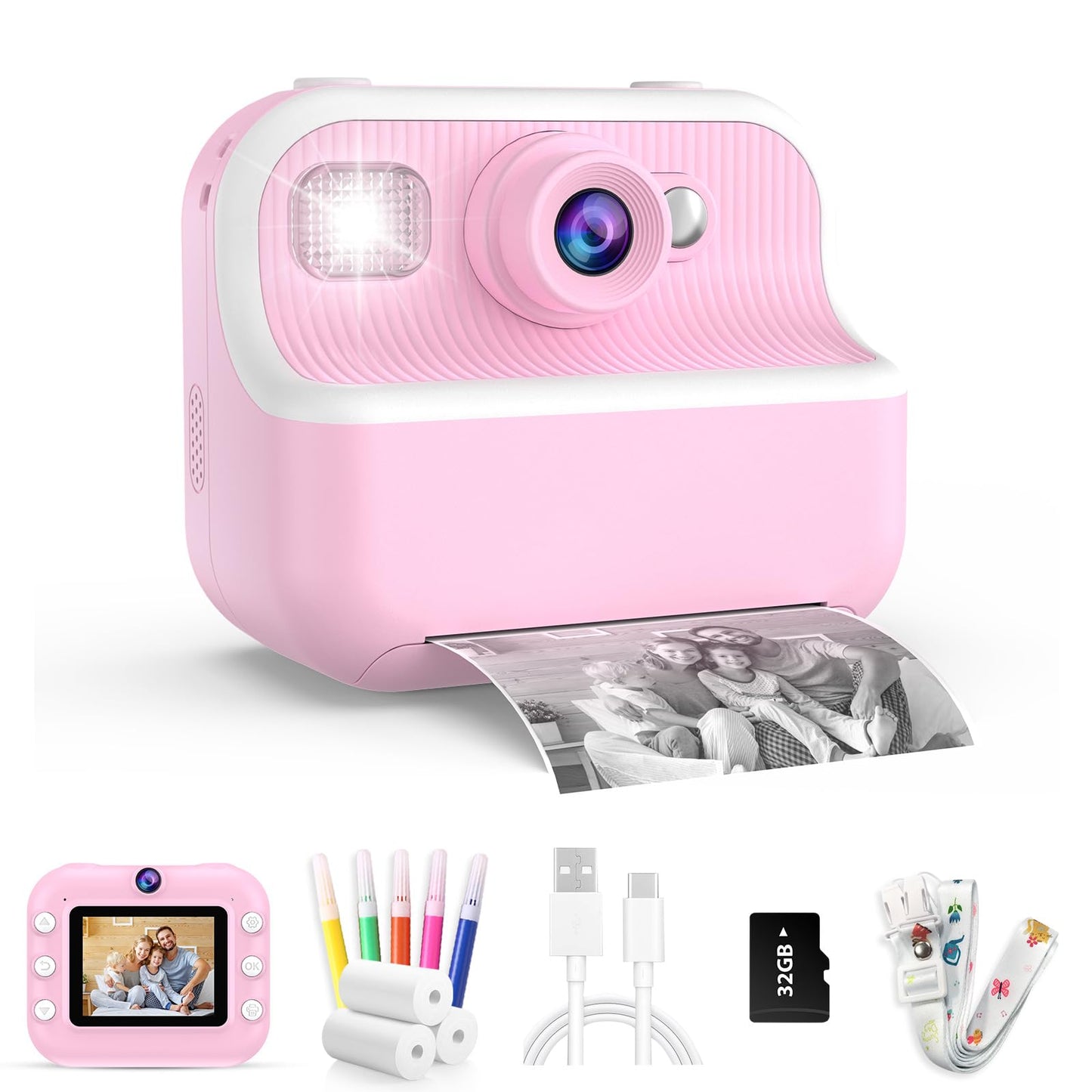 Kids Camera Instant Print Toys Toddler Cameras Printing Photos - 1080P Video Cameras - 12Mp Children Digital Selfie Camera Gift for Girls Boys Age 3-12 with 32GB SD Card (Pink)