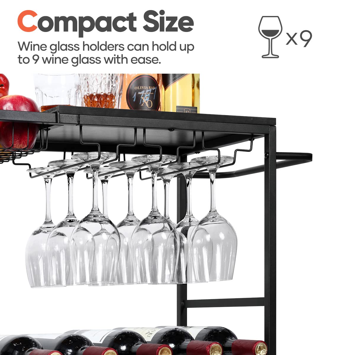 melos Bar Cart, Home Bar Serving Cart, Rolling Wine Cart with 3-Tier Shelf, Beverage Bar Cart with Wine Rack, Bar Cart with Wheels for Kitchen, Black