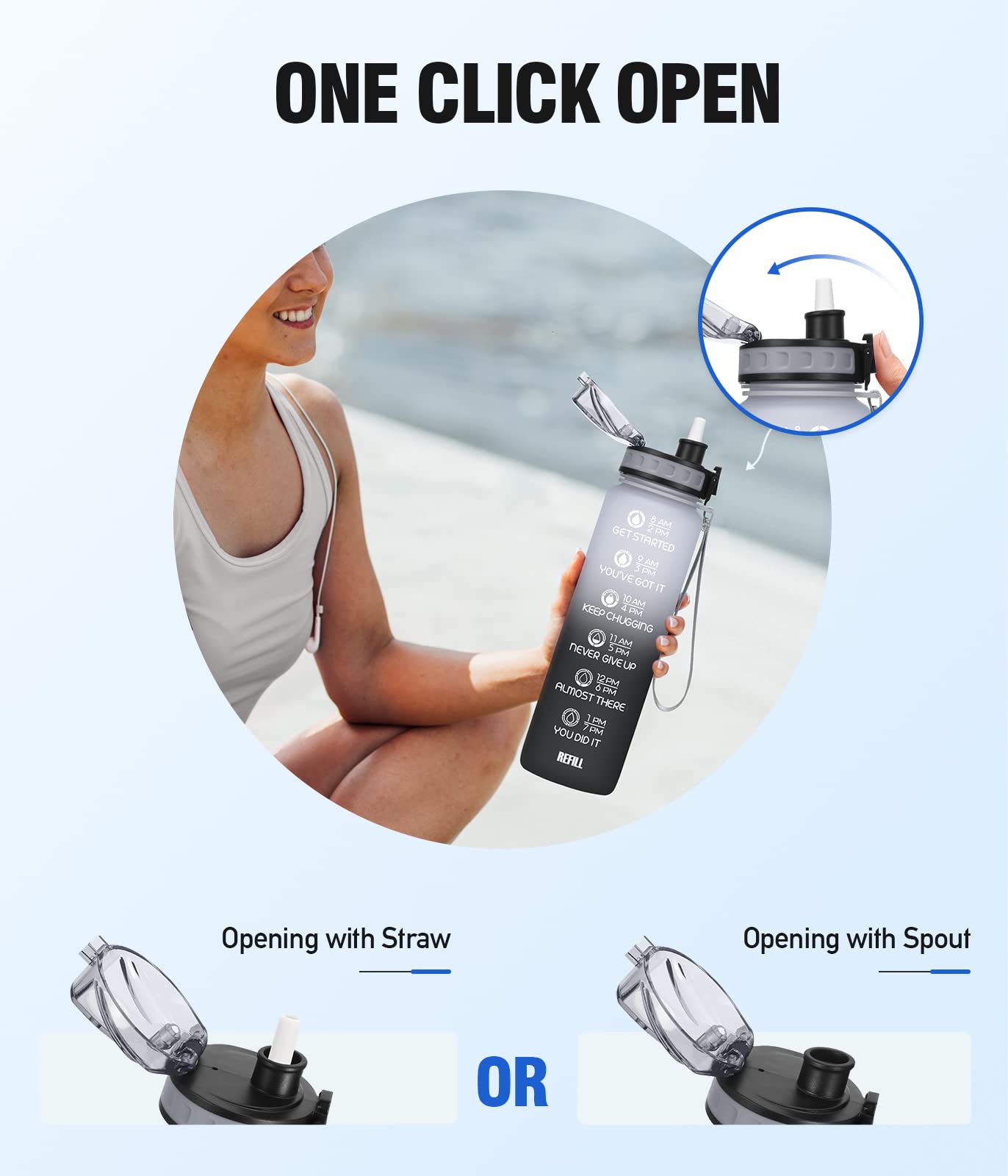 NOIFYS Motivational 32 oz/24 oz Water Bottle with Time Marker, Updated BPA Free Leak Proof Water Bottles,Options include a fruit strainer or both a strainer and straw, Perfect For Fitness Gym Outdoor