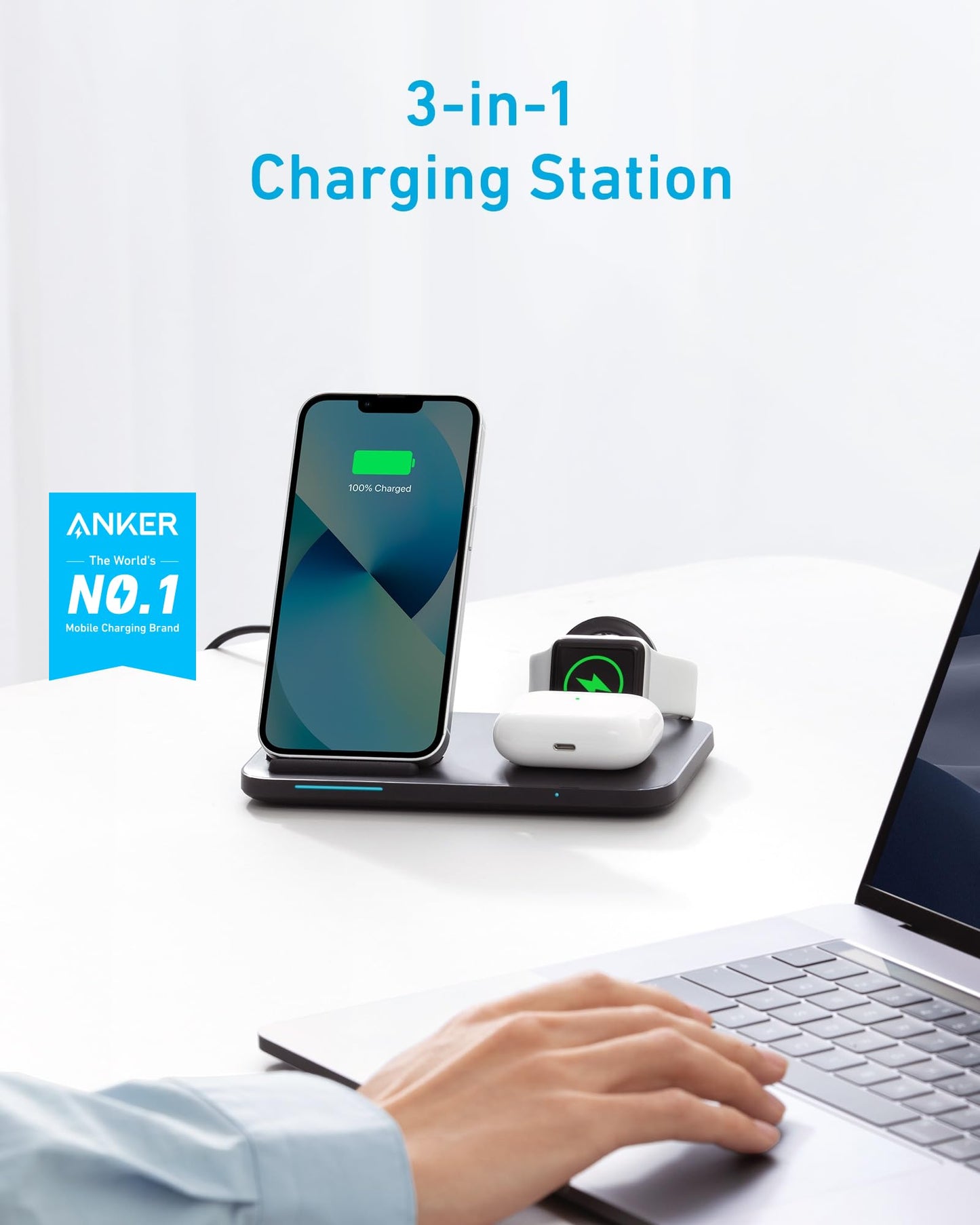 Anker Foldable 3-in-1 Wireless Charging Station with Adapter, 335 Wireless Charger, for iPhone 15/14, AirPods Pro, Apple Watch Series 1-6 (Works with Original 1m/3.3ft USB-A Cable, Not Included)