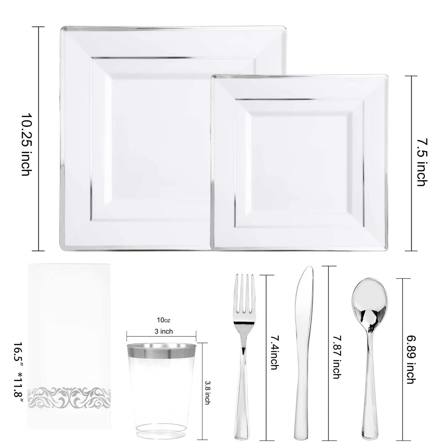 I00000 175PCS Silver Plastic Plates, Disposable Silverware, Napkins & Cups, Silver Square Dinnerware Include 25 Dinner Plates, 25 Salad Plates,25 Forks,25 Knives,25 Spoons,25 Tumblers, 25 Guest Towels