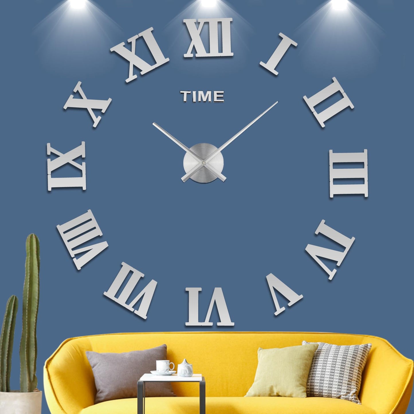 LIDNADY Roman Numerals DIY Wall Clock, Frameless, Large Modern Design, Silver, Adjustable Size, Easy to Install