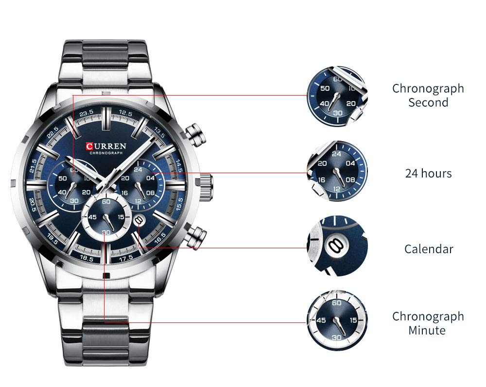 FANMIS Mens Luxury Watches Business Chronograph Dress Waterproof Stainless Steel Analog Quartz Wrist Watch (B Silver)