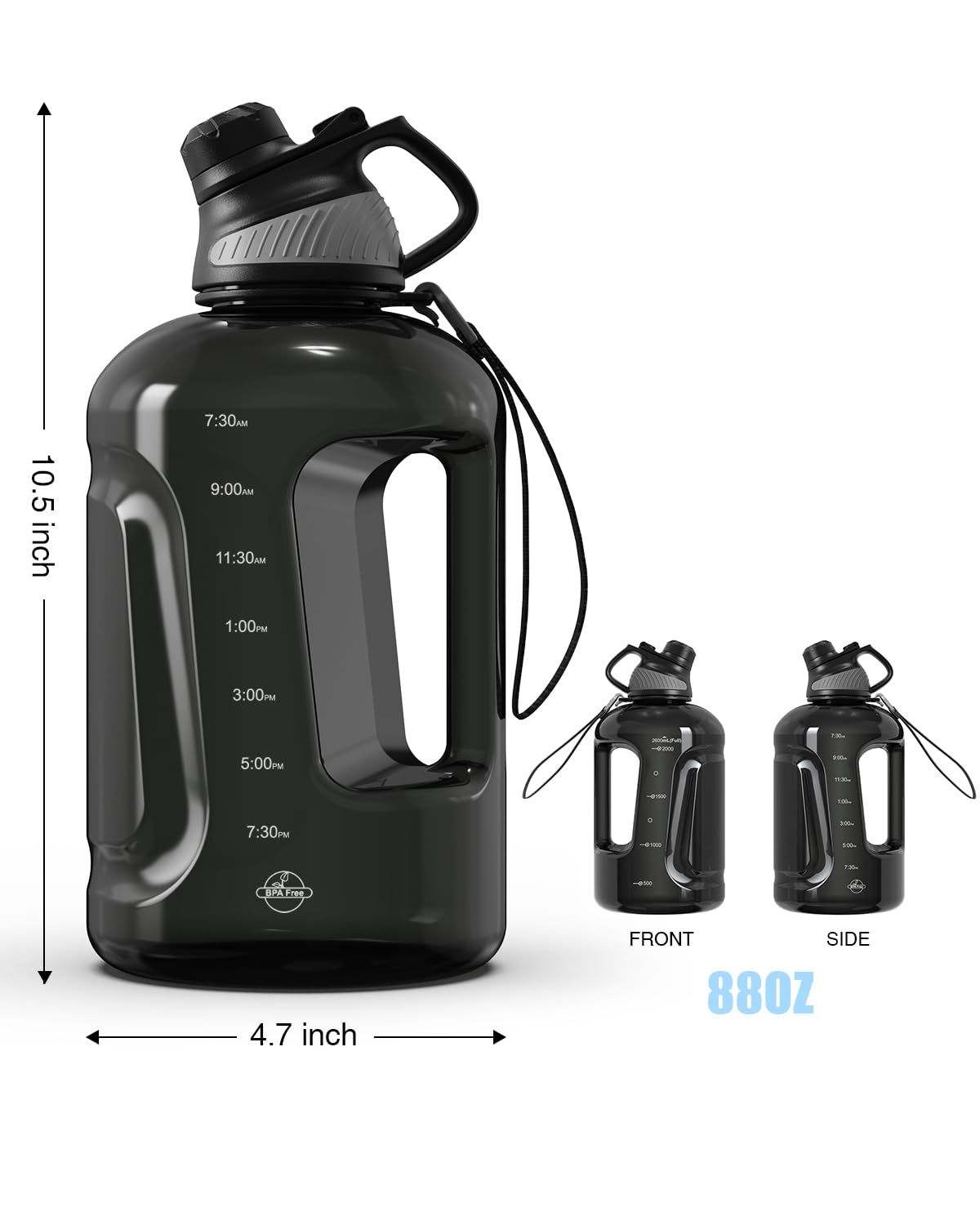 JOYAMI Water Bottle, Tritan BPA-Free, 88oz Water Jug with Time Marker, Magnetic Cap, BPA-Free & Leak-Proof, Reusable Sports Water Bottle for Outdoor Travel, Work, Fitness, Gym, 2.6L, Clear Black
