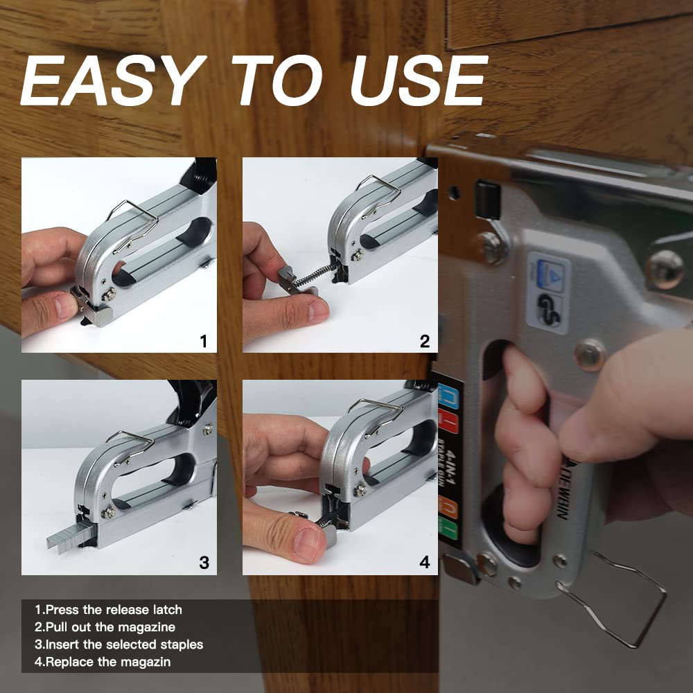 Upholstery Staple Gun Heavy Duty, DEWBIN 4 in 1 Stapler Gun with 2000 Staples, Manual Brad Nailer Power Adjustment Furniture Stapler Gun for Wood, Carpentry, Decoration DIY Staple Gun
