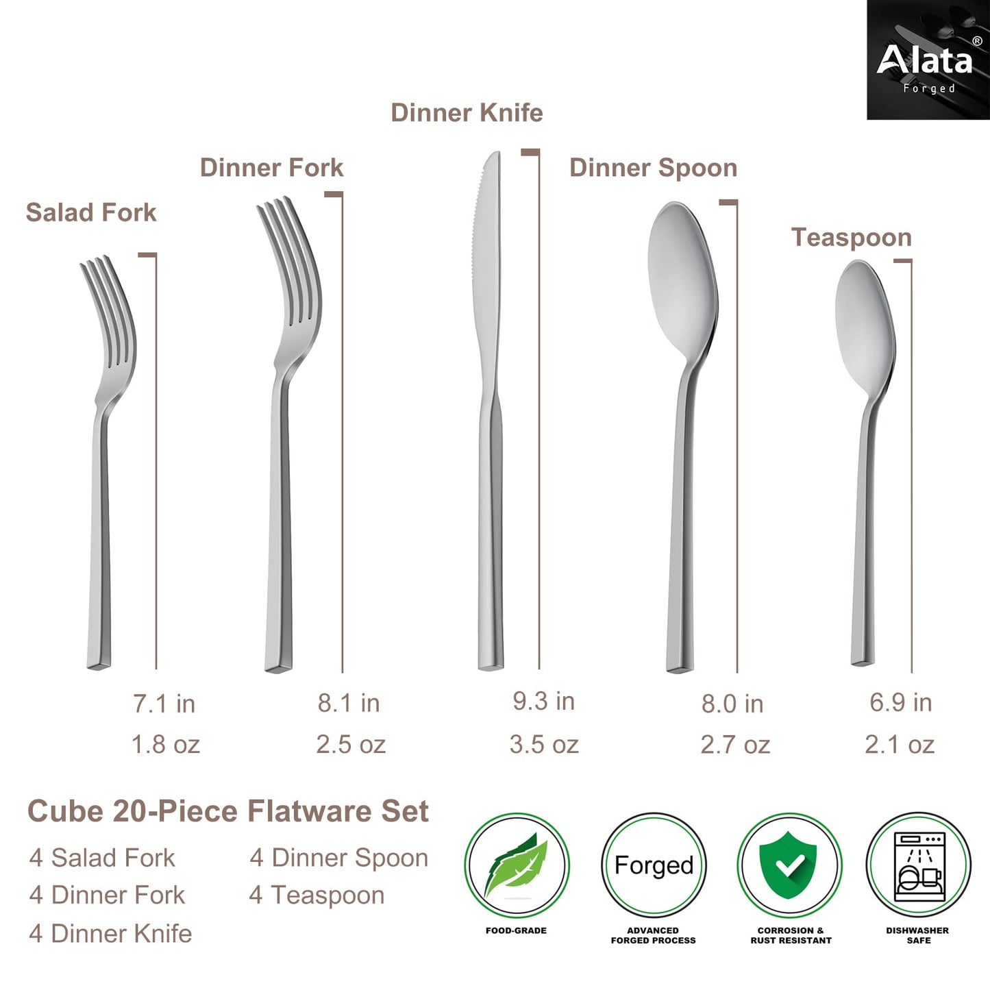 Alata Cube 20-Piece Forged Stainless Steel Flatware Set Cutlery Set,Silverware Set Service for 4,Mirror Finish,Dishwasher Safe